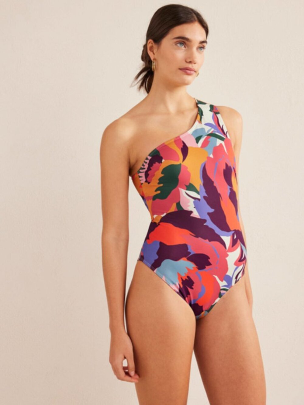 BODEN Sorrento Floral One Shoulder Cut-Out Back One Piece Swimsuit, Size 14